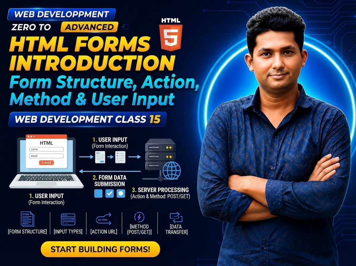 HTML Forms Introduction — Form Structure, Action, Method & User Input — Web Development Class 15