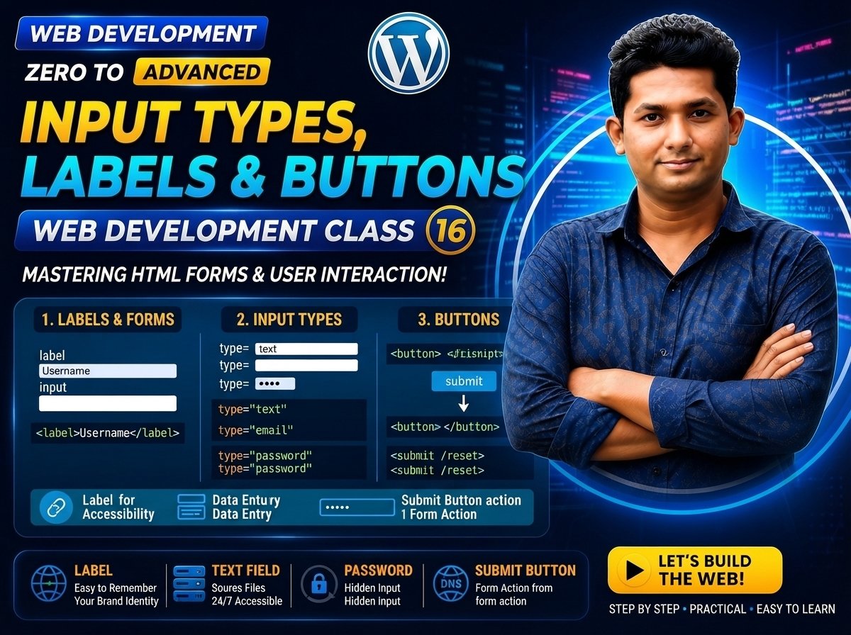 Input Types, Labels & Buttons — Web Development Class 16