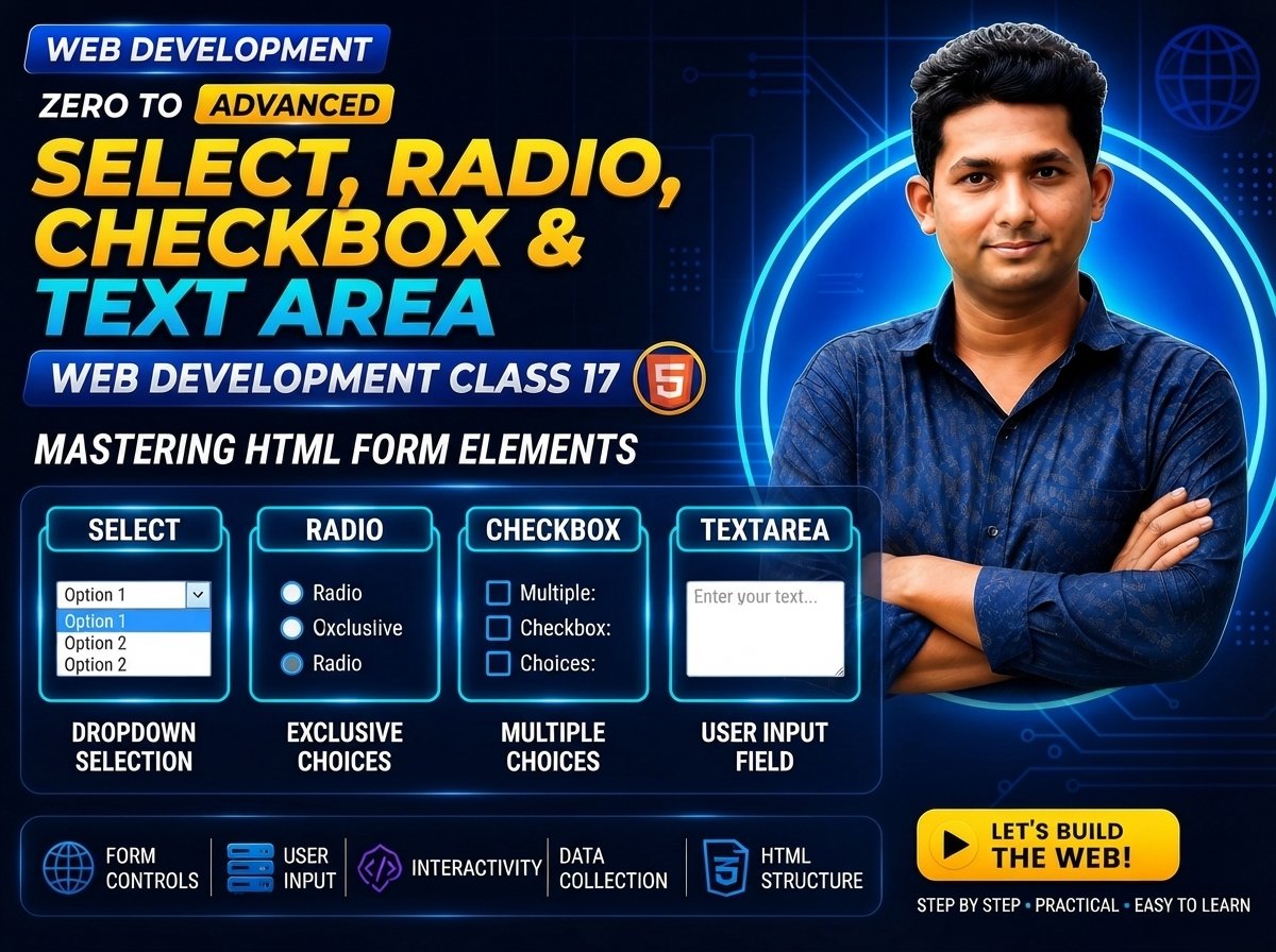 Select, Radio, Checkbox & Textarea — Web Development Class 17